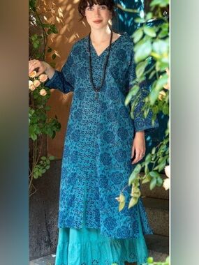 Gudrun Sjoden Teal and Turquoise Floral block print Midi Dress